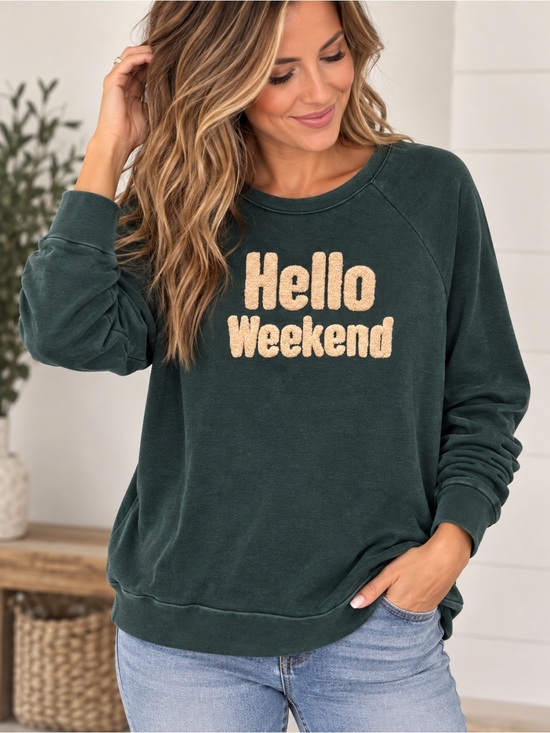 Secret Treasures Sweaters - Secret Treasures Dark Green Crewneck Sweatshirt with Cream Chenille Text